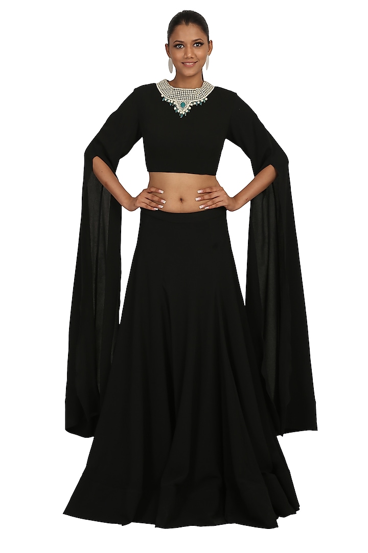 Black Embroidered Crop Top With Skirt by Rabani & Rakha