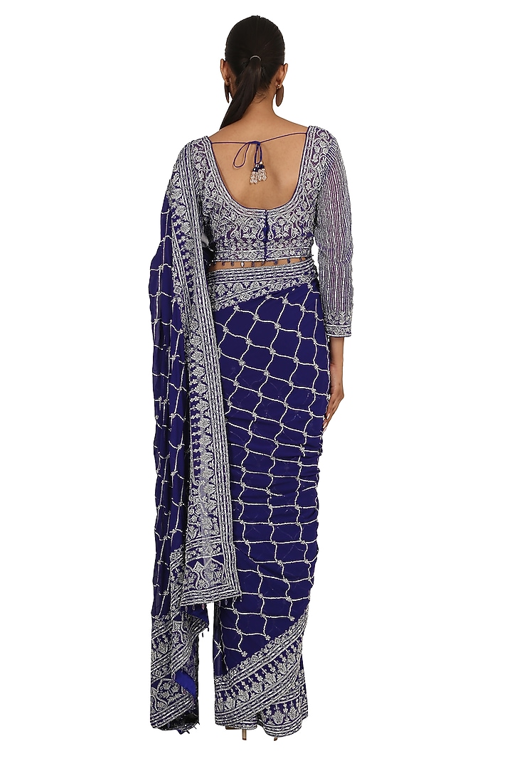 Blue Foil Georgette Hand Embroidered Bridal Saree Set by Rabani & Rakha at Pernia's Pop Up Shop