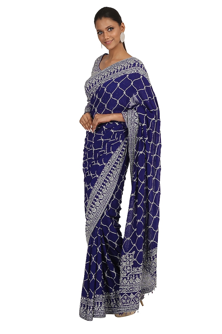 Blue Foil Georgette Hand Embroidered Bridal Saree Set by Rabani & Rakha at Pernia's Pop Up Shop