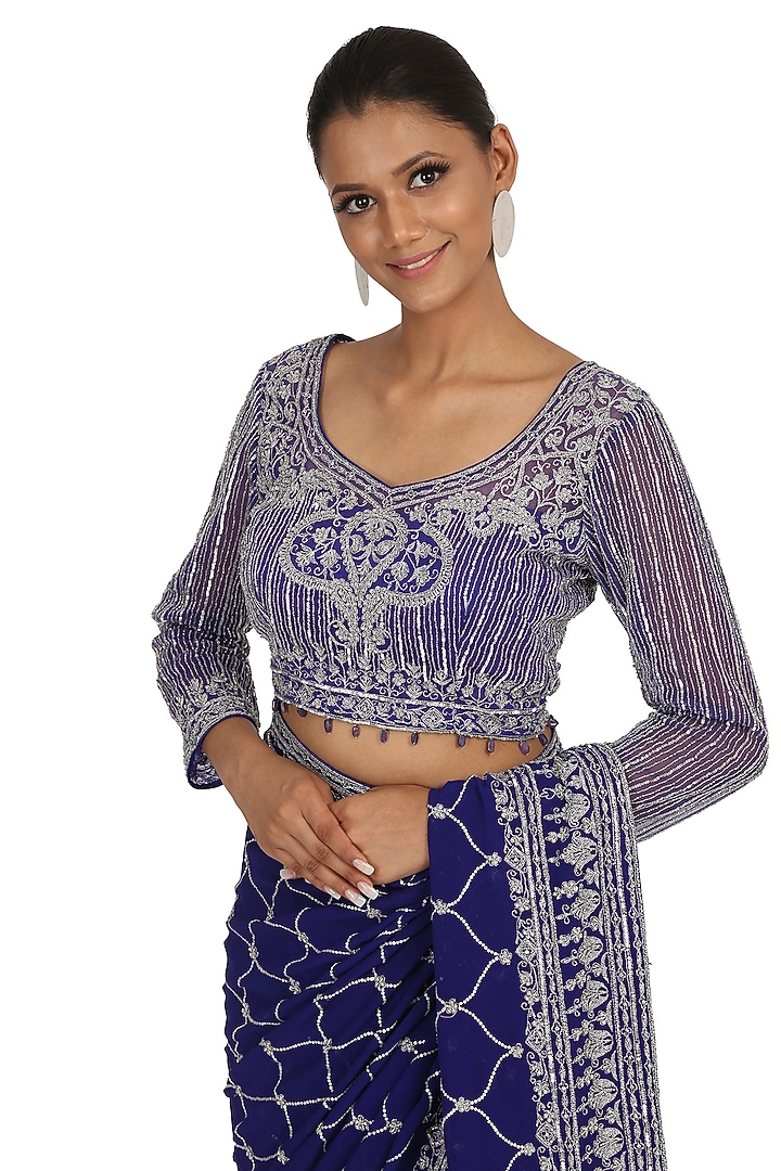 Blue Foil Georgette Hand Embroidered Bridal Saree Set by Rabani & Rakha at Pernia's Pop Up Shop