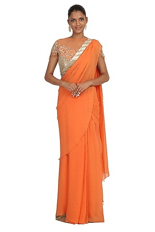 Peach Georgette & Chiffon Lehenga Saree Set by Rabani & Rakha