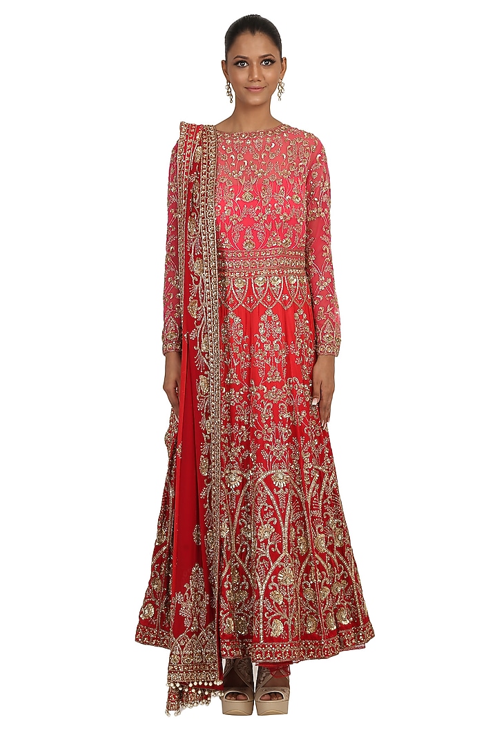Red Shaded Embroidered Bridal Anarkali Set by Rabani & Rakha at Pernia's Pop Up Shop