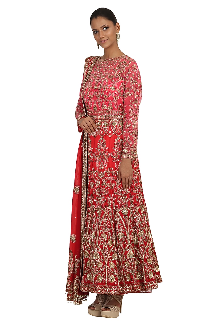 Red Shaded Embroidered Bridal Anarkali Set by Rabani & Rakha at Pernia's Pop Up Shop