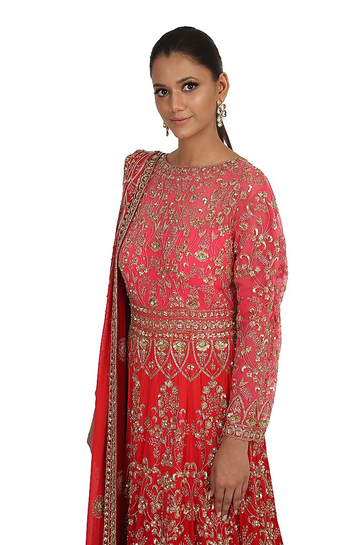 Red Shaded Embroidered Bridal Anarkali Set by Rabani & Rakha at Pernia's Pop Up Shop