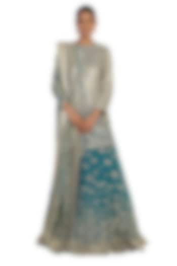 Peacock Blue Printed & Embroidered Bridal Lehenga Set by Rabani & Rakha at Pernia's Pop Up Shop