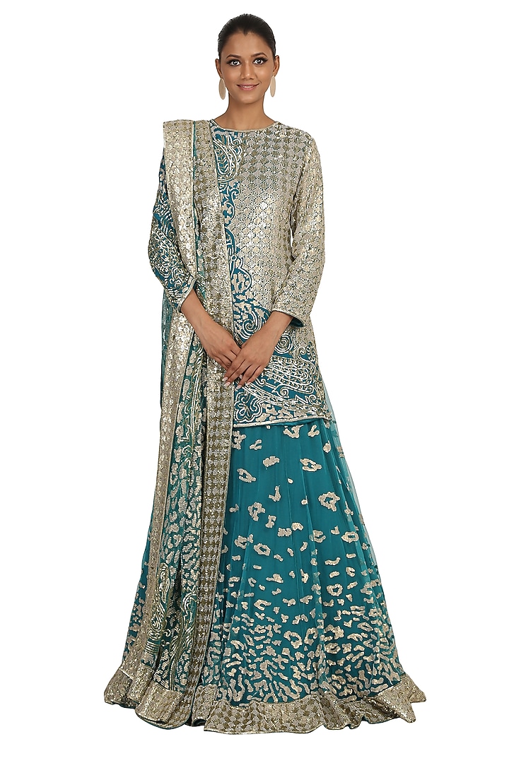 Peacock Blue Printed & Embroidered Bridal Lehenga Set by Rabani & Rakha at Pernia's Pop Up Shop