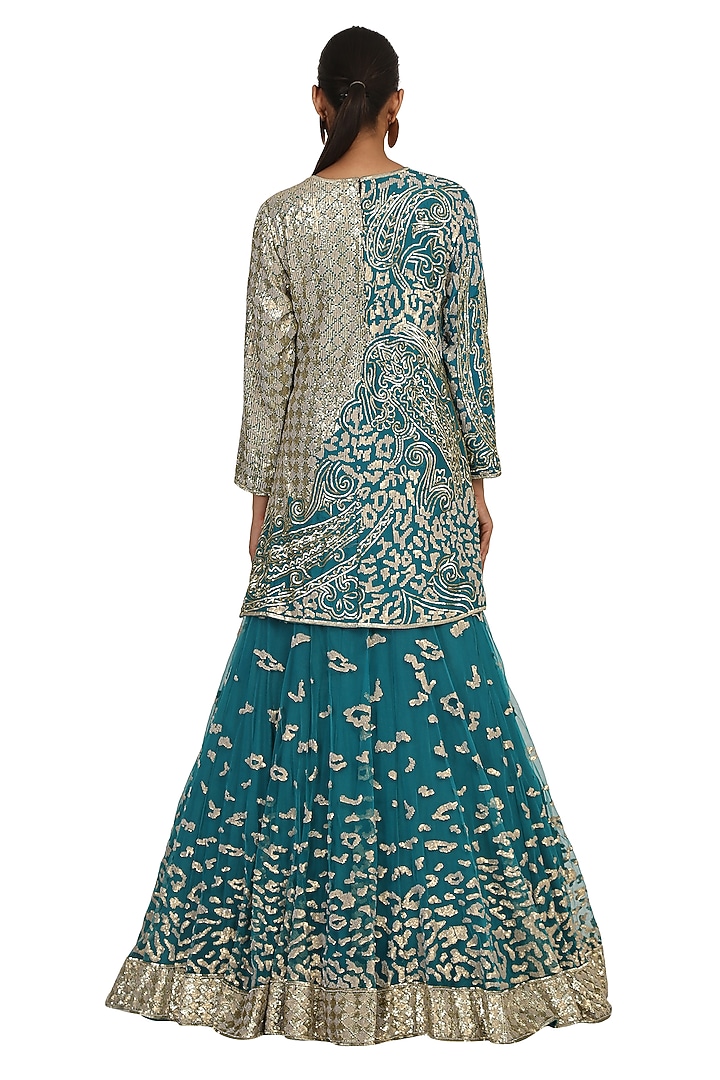 Peacock Blue Printed & Embroidered Bridal Lehenga Set by Rabani & Rakha at Pernia's Pop Up Shop