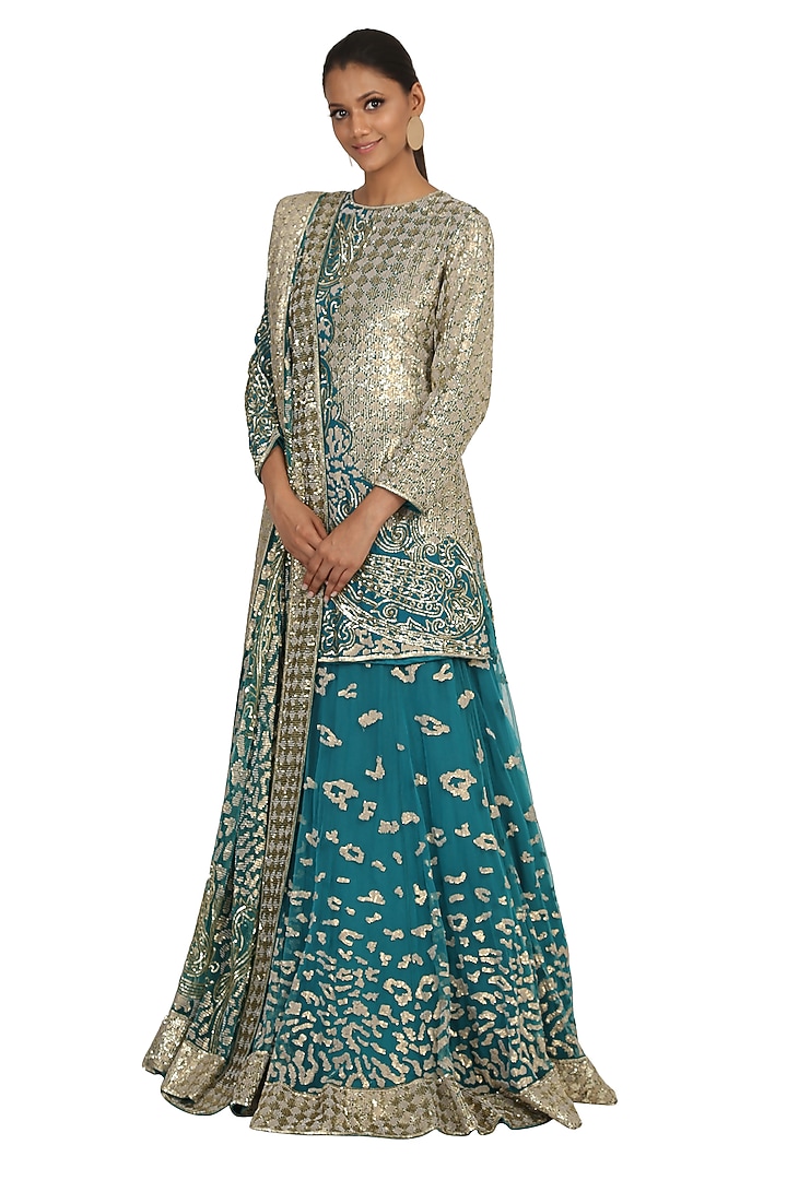 Peacock Blue Printed & Embroidered Bridal Lehenga Set by Rabani & Rakha at Pernia's Pop Up Shop