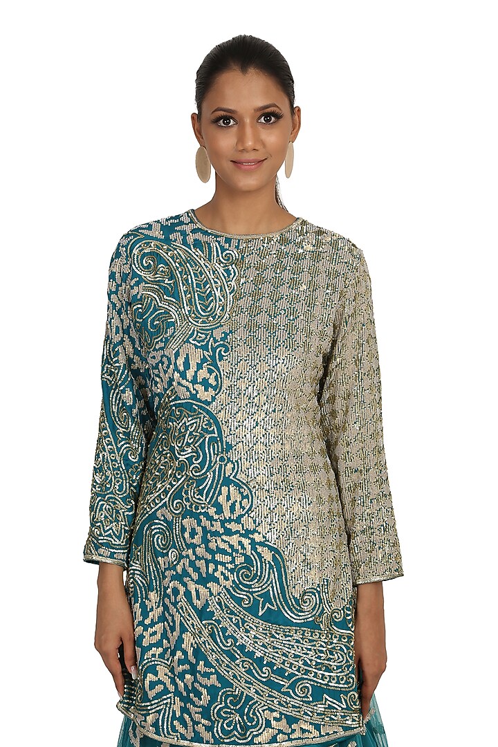 Peacock Blue Printed & Embroidered Bridal Lehenga Set by Rabani & Rakha at Pernia's Pop Up Shop