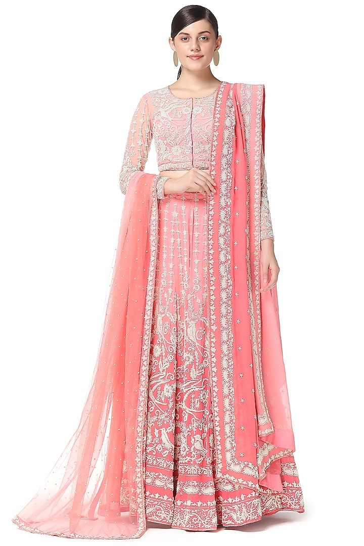 Pink Embroidered Bridal Lehenga Set With Two Dupattas by Rabani & Rakha at Pernia's Pop Up Shop