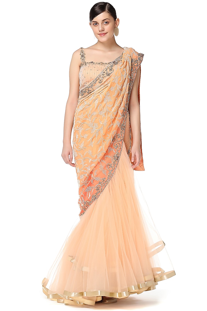 Orange Hand Embroidered Reception Lehenga Saree Set by Rabani & Rakha at Pernia's Pop Up Shop