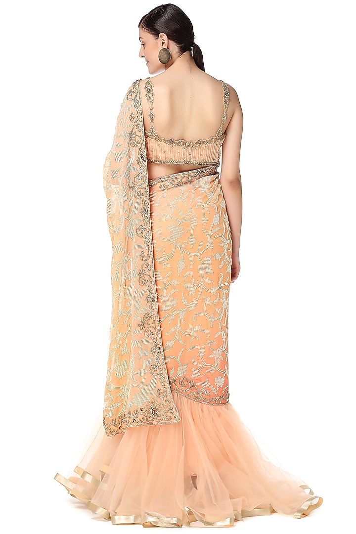 Orange Hand Embroidered Reception Lehenga Saree Set by Rabani & Rakha at Pernia's Pop Up Shop