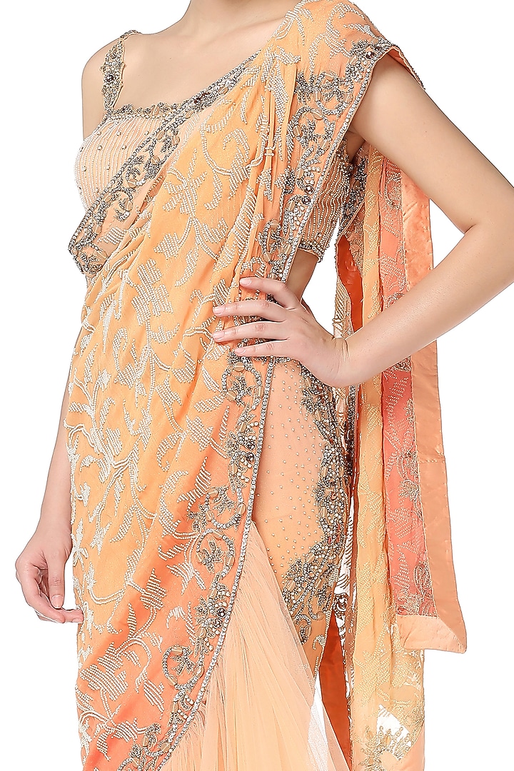 Orange Hand Embroidered Reception Lehenga Saree Set by Rabani & Rakha at Pernia's Pop Up Shop