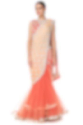 Orange Georgette Pearls Embroidered Reception Lehenga Saree Set by Rabani & Rakha at Pernia's Pop Up Shop