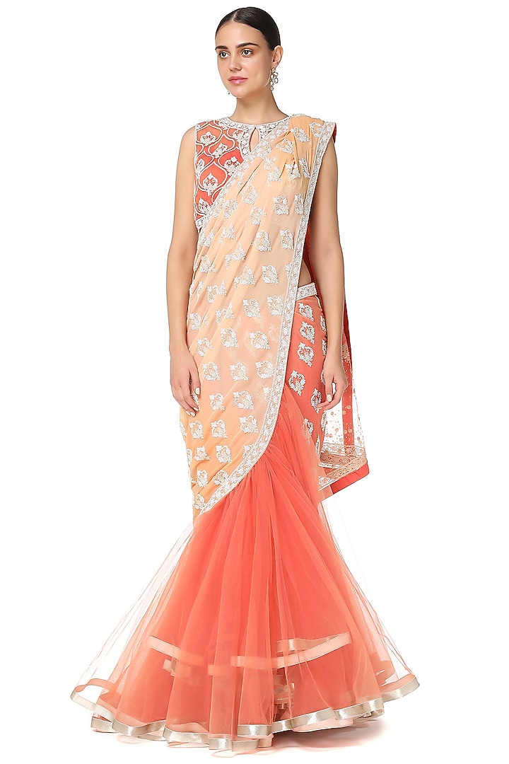 Orange Georgette Pearls Embroidered Reception Lehenga Saree Set by Rabani & Rakha at Pernia's Pop Up Shop