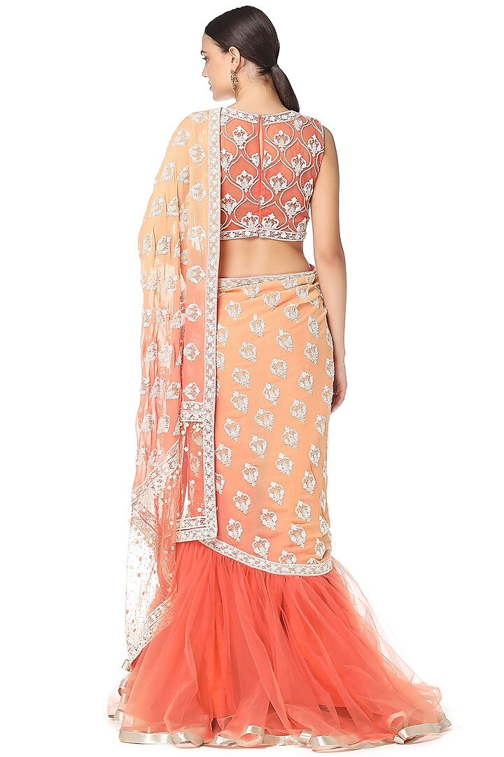 Orange Georgette Pearls Embroidered Reception Lehenga Saree Set by Rabani & Rakha at Pernia's Pop Up Shop