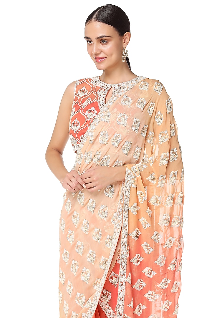 Orange Georgette Pearls Embroidered Reception Lehenga Saree Set by Rabani & Rakha at Pernia's Pop Up Shop