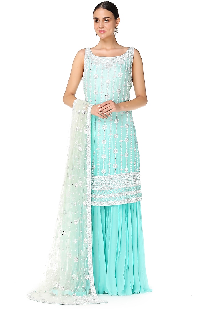 Aqua Blue Mirrors Embroidered Bridal Sharara Set by Rabani & Rakha at Pernia's Pop Up Shop