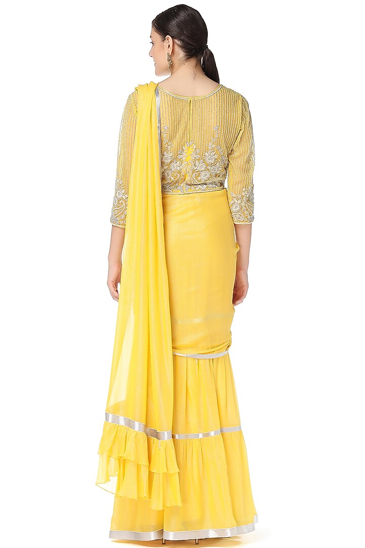 Yellow Georgette Cutdana Embroidered Wedding Lehenga Saree Set by Rabani & Rakha at Pernia's Pop Up Shop