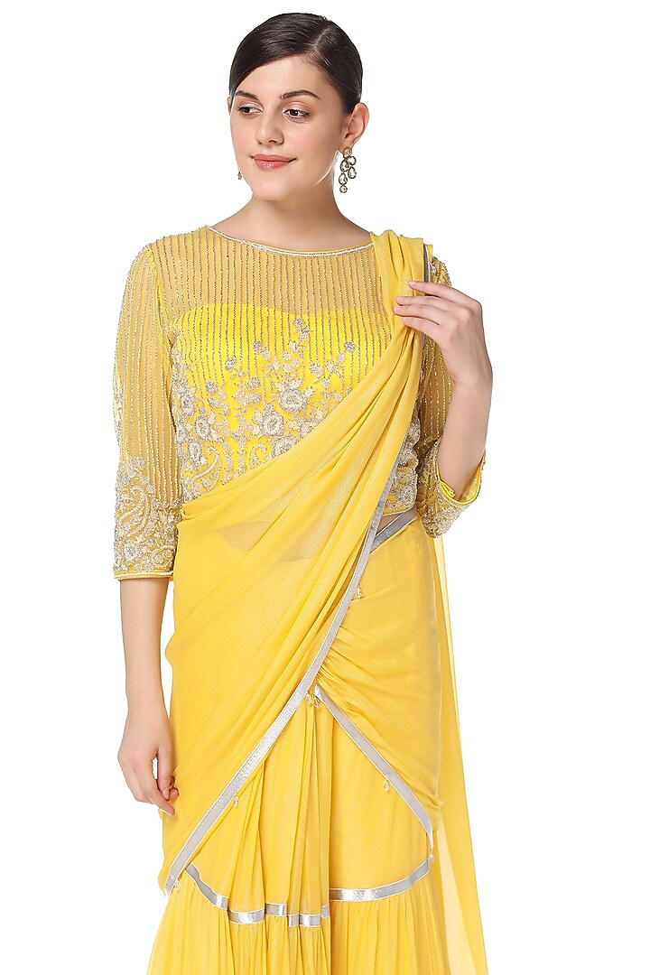 Yellow Georgette Cutdana Embroidered Wedding Lehenga Saree Set by Rabani & Rakha at Pernia's Pop Up Shop