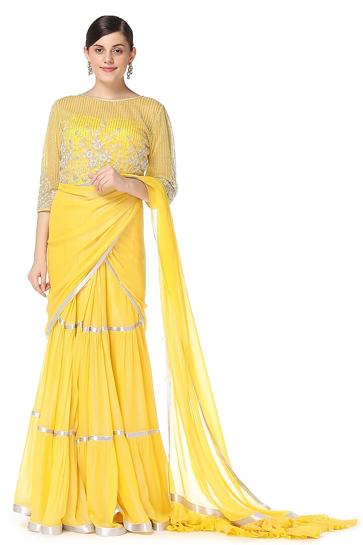 Yellow Georgette Cutdana Embroidered Wedding Lehenga Saree Set by Rabani & Rakha at Pernia's Pop Up Shop