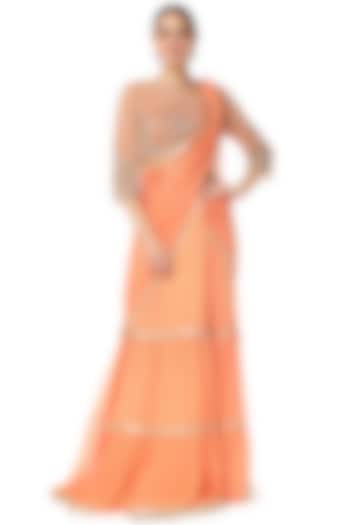 Orange Georgette Cutdana Hand Embroidered Wedding Lehenga Saree Set by Rabani & Rakha at Pernia's Pop Up Shop