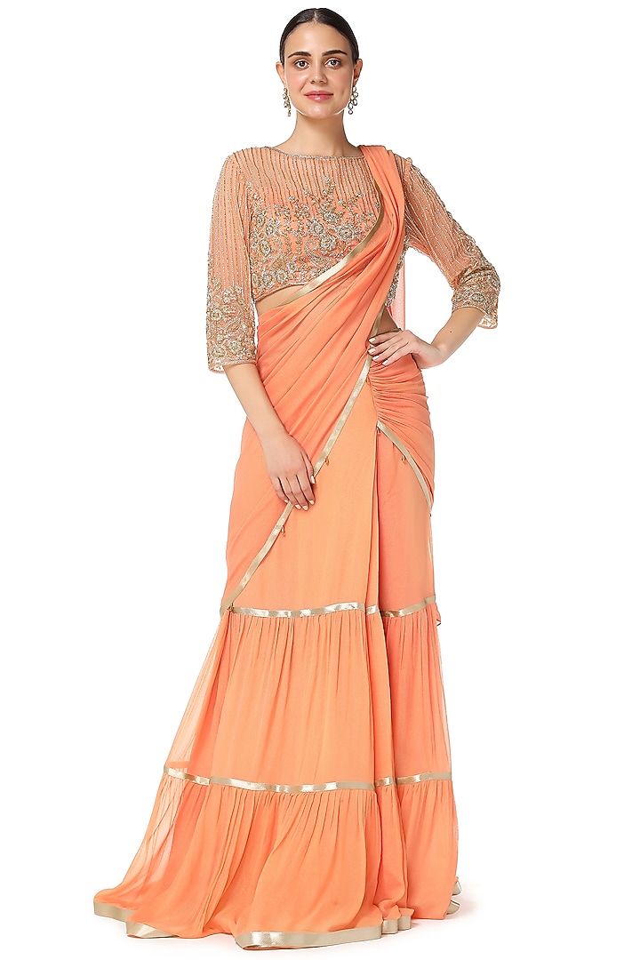 Orange Georgette Cutdana Hand Embroidered Wedding Lehenga Saree Set by Rabani & Rakha at Pernia's Pop Up Shop