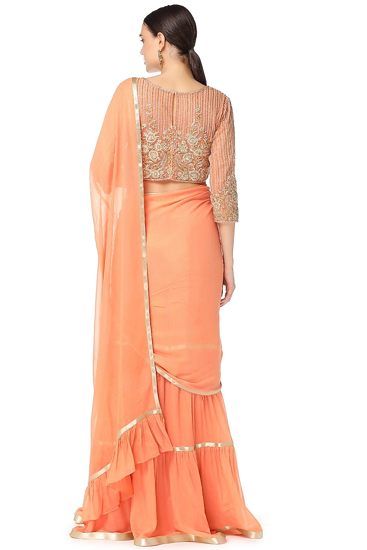 Orange Georgette Cutdana Hand Embroidered Wedding Lehenga Saree Set by Rabani & Rakha at Pernia's Pop Up Shop