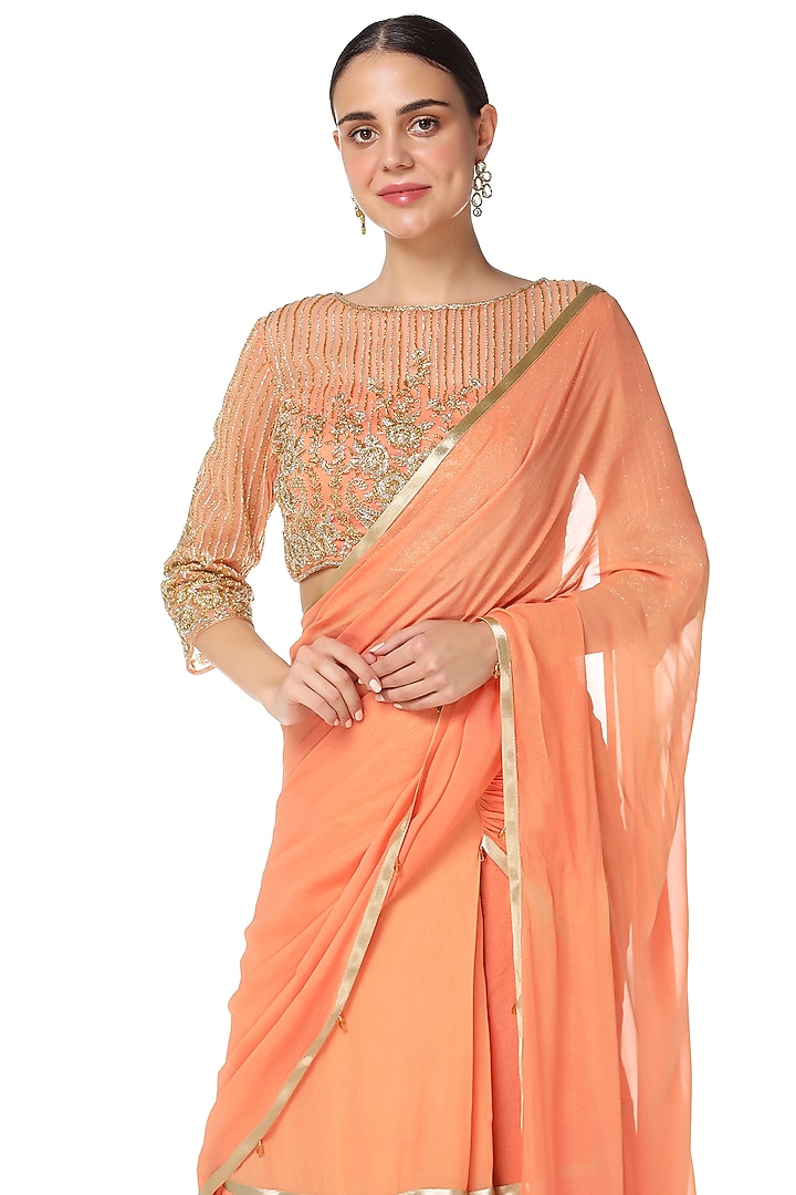 Orange Georgette Cutdana Hand Embroidered Wedding Lehenga Saree Set by Rabani & Rakha at Pernia's Pop Up Shop