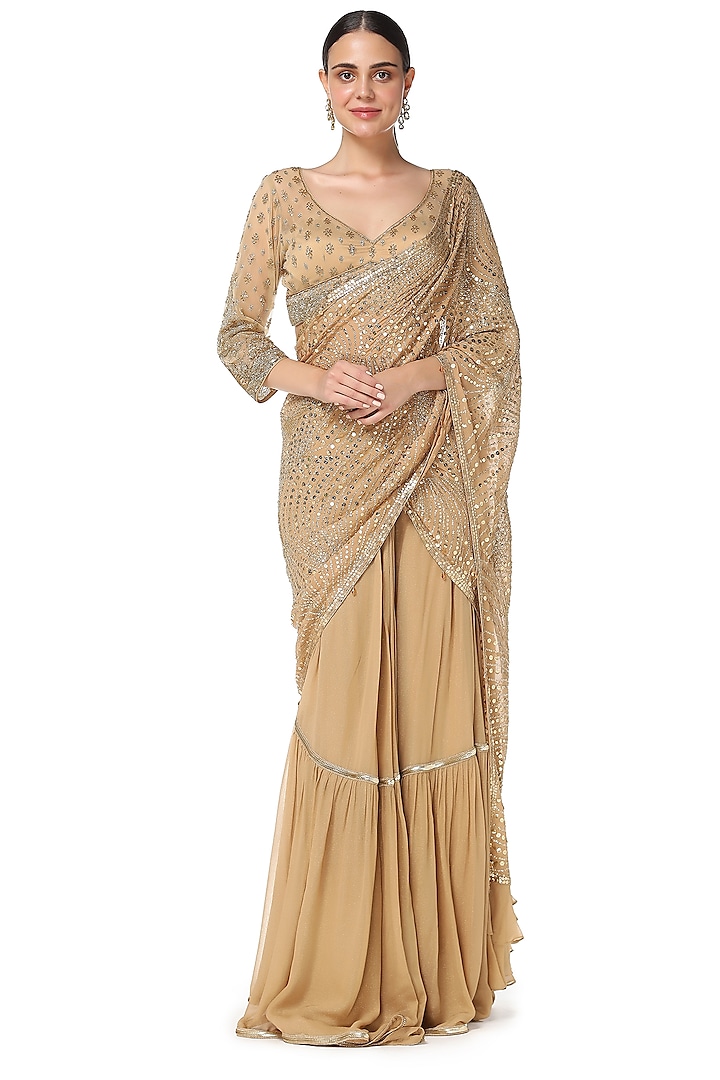 Made to Order Indian Designer Light Gold Sequins Saree Lehenga