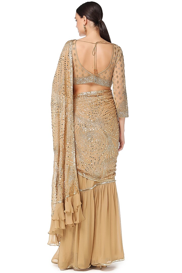 Gold Shimmer Foil Georgette Cutdana Embroidered Reception Lehenga Saree Set by Rabani & Rakha at Pernia's Pop Up Shop