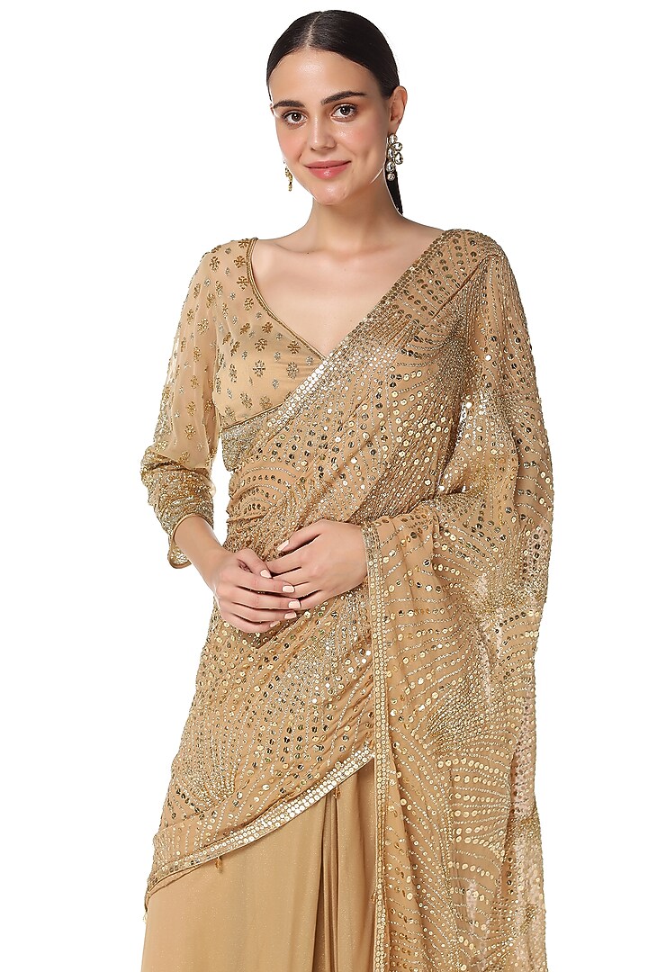 Gold Shimmer Foil Georgette Cutdana Embroidered Reception Lehenga Saree Set by Rabani & Rakha at Pernia's Pop Up Shop