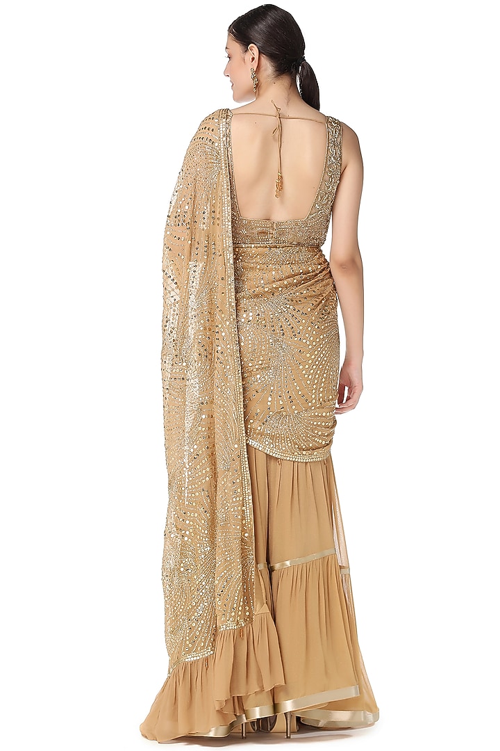 Gold Cutdana Embroidered Reception Lehenga Saree Set by Rabani & Rakha at Pernia's Pop Up Shop
