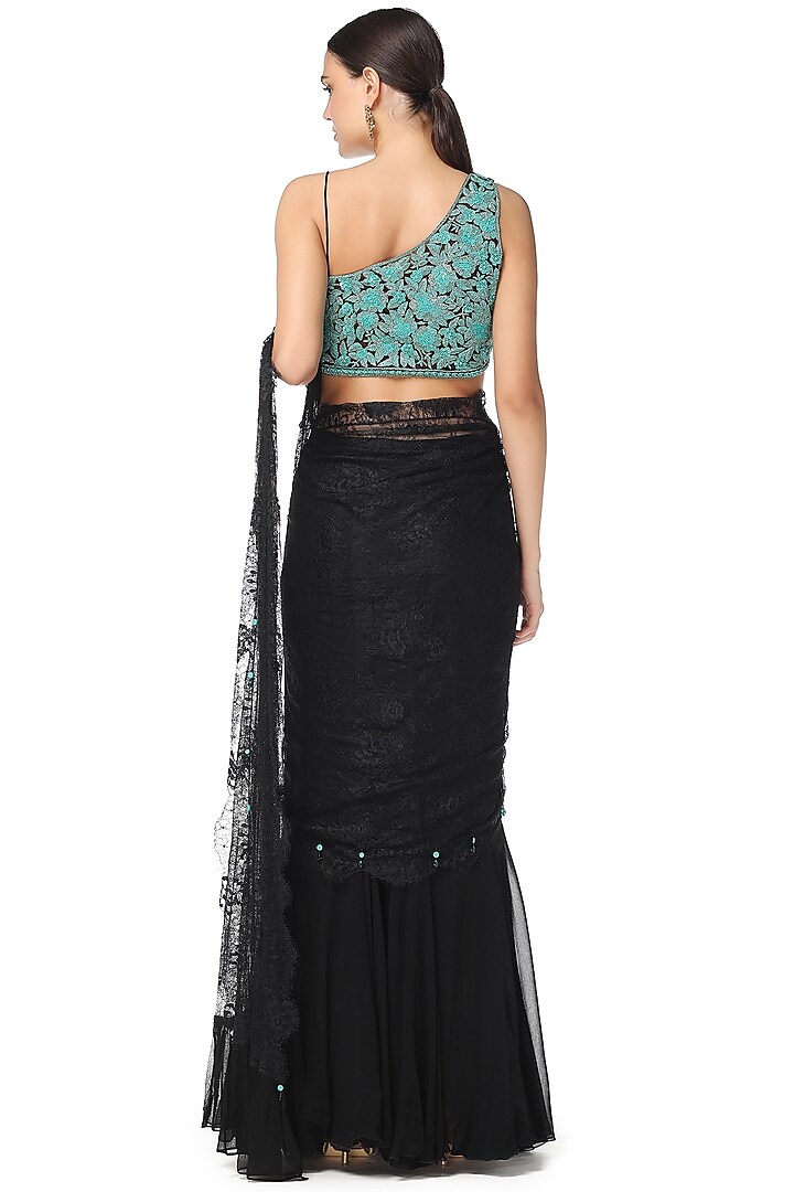 Black Embroidered Wedding Lehenga Saree Set by Rabani & Rakha at Pernia's Pop Up Shop