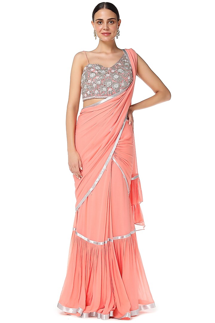 Rose Gold Shimmer Georgette Pearl Embroidered Tiered Lehenga Set by Rabani & Rakha at Pernia's Pop Up Shop