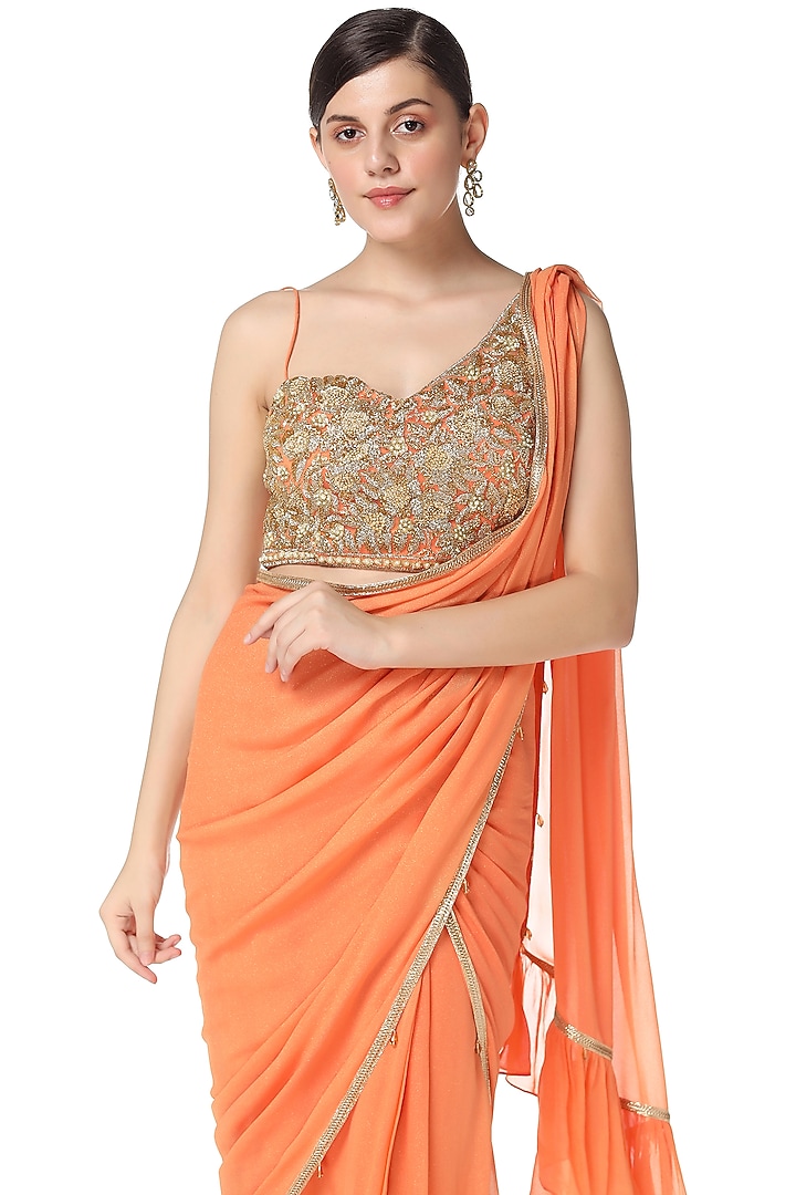 Orange Embroidered Pre-Stitched Wedding Saree Set by Rabani & Rakha at Pernia's Pop Up Shop