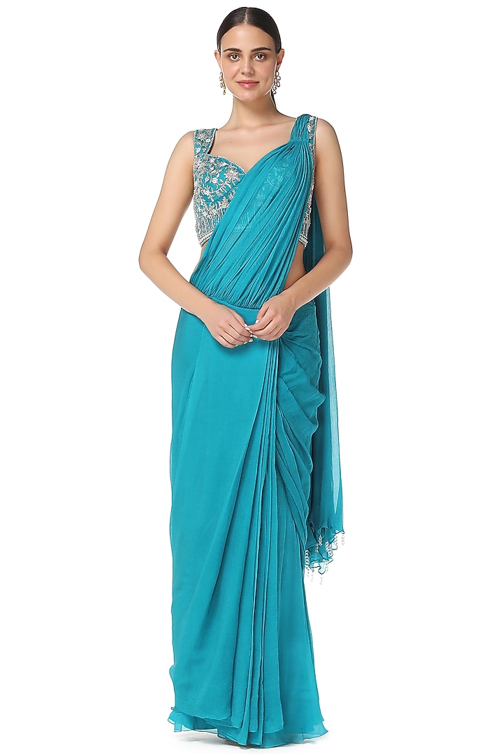 Aqua Blue Chiffon Pearl Embroidered Pre-Stitched Wedding Saree Set by Rabani & Rakha at Pernia's Pop Up Shop