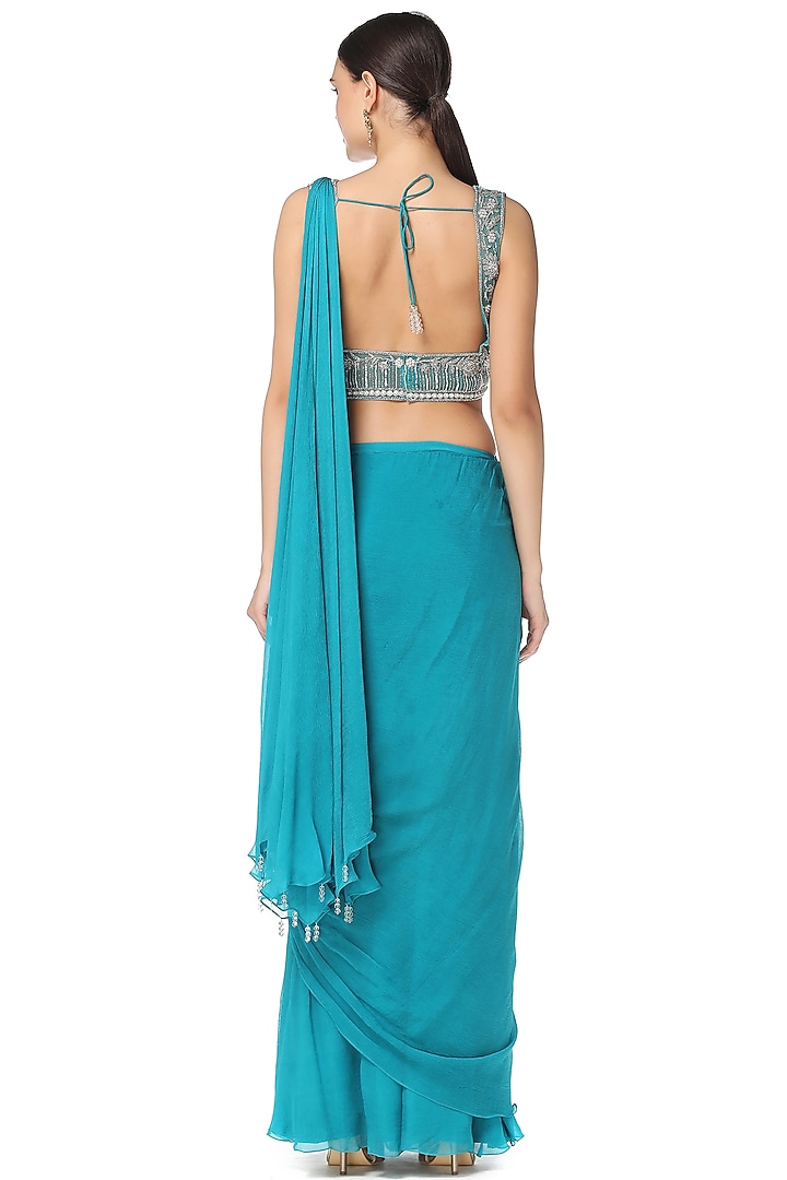 Aqua Blue Chiffon Pearl Embroidered Pre-Stitched Wedding Saree Set by Rabani & Rakha at Pernia's Pop Up Shop