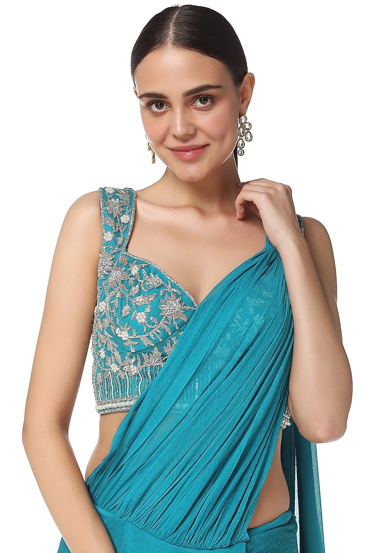 Aqua Blue Chiffon Pearl Embroidered Pre-Stitched Wedding Saree Set by Rabani & Rakha at Pernia's Pop Up Shop
