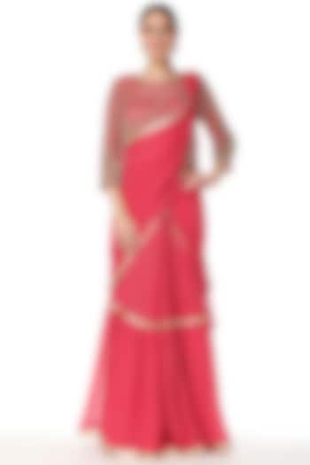 Pink Shimmer Georgette Cutdana Embroidered Tiered Lehenga Set by Rabani & Rakha at Pernia's Pop Up Shop