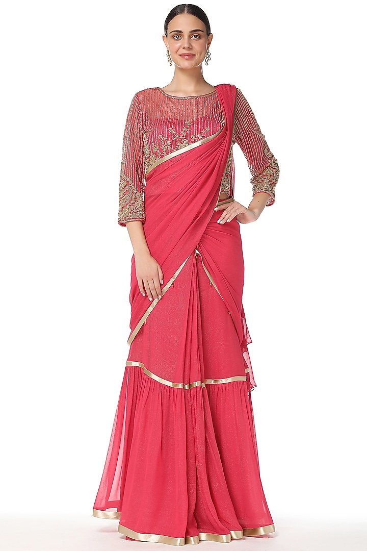 Pink Shimmer Georgette Cutdana Embroidered Tiered Lehenga Set by Rabani & Rakha at Pernia's Pop Up Shop