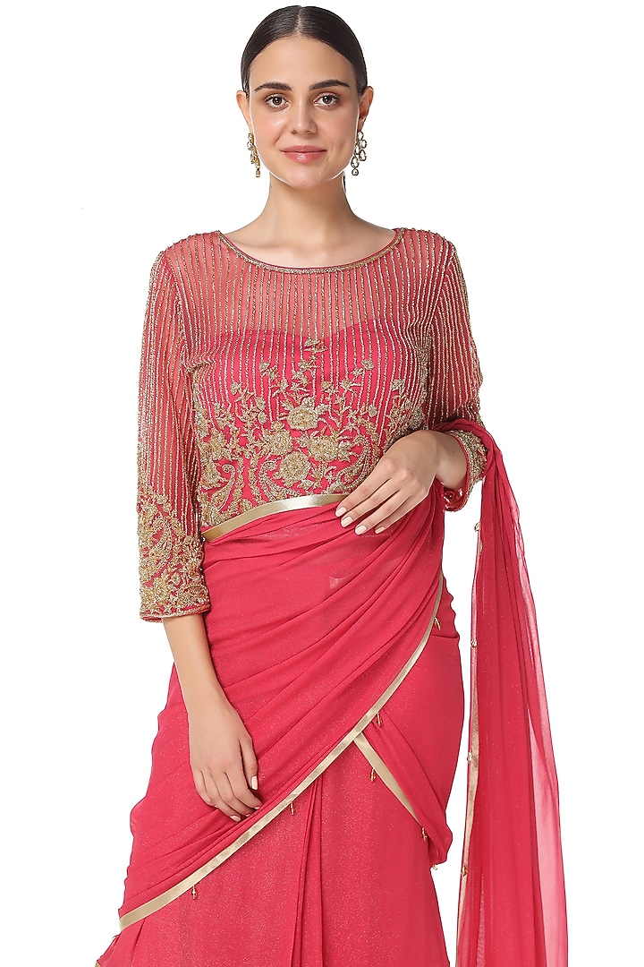 Pink Shimmer Georgette Cutdana Embroidered Tiered Lehenga Set by Rabani & Rakha at Pernia's Pop Up Shop
