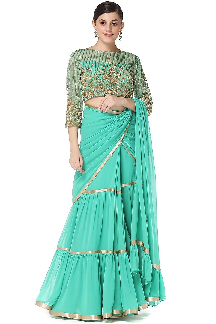 Green Georgette Shimmer Wedding Lehenga Saree Set by Rabani & Rakha at Pernia's Pop Up Shop