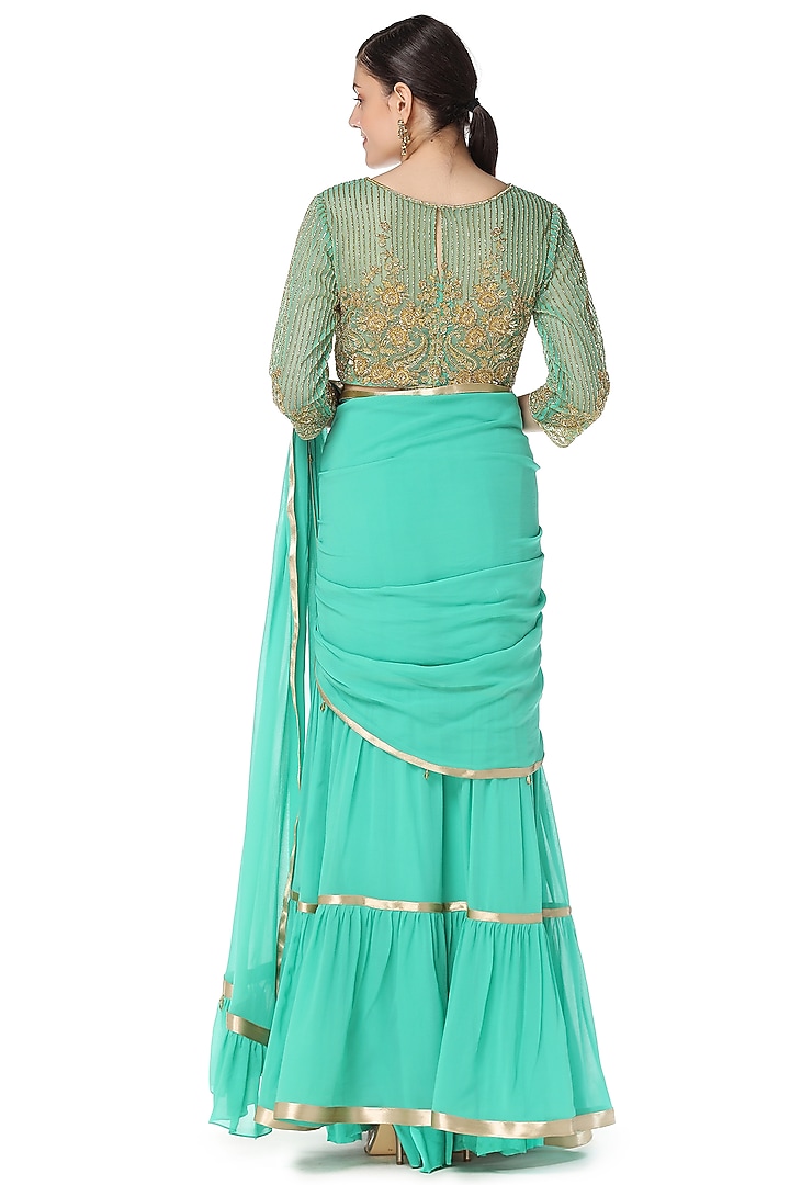 Green Georgette Shimmer Wedding Lehenga Saree Set by Rabani & Rakha at Pernia's Pop Up Shop