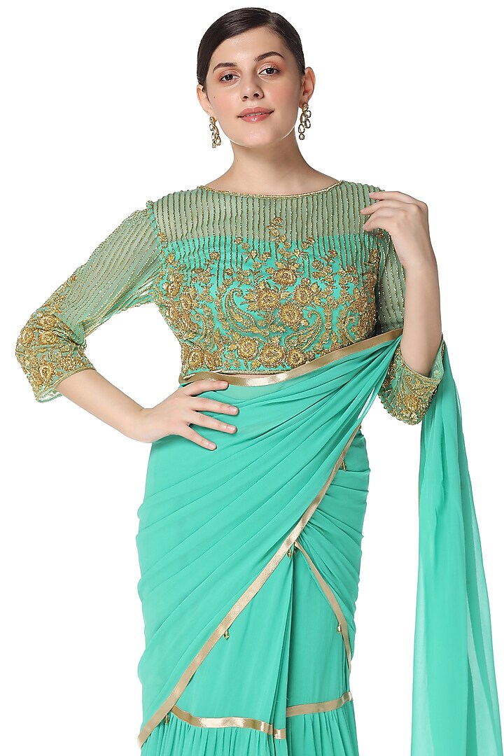 Green Georgette Shimmer Wedding Lehenga Saree Set by Rabani & Rakha at Pernia's Pop Up Shop