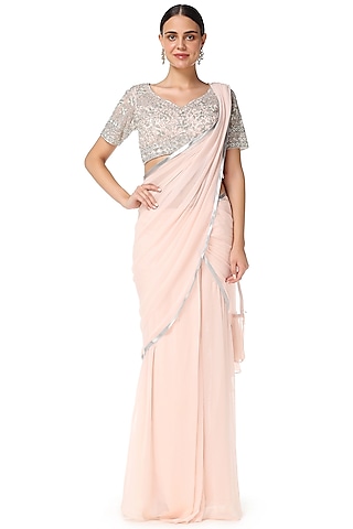 Blush Pink Embroidered Pre-Stitched Saree Set by Rabani & Rakha