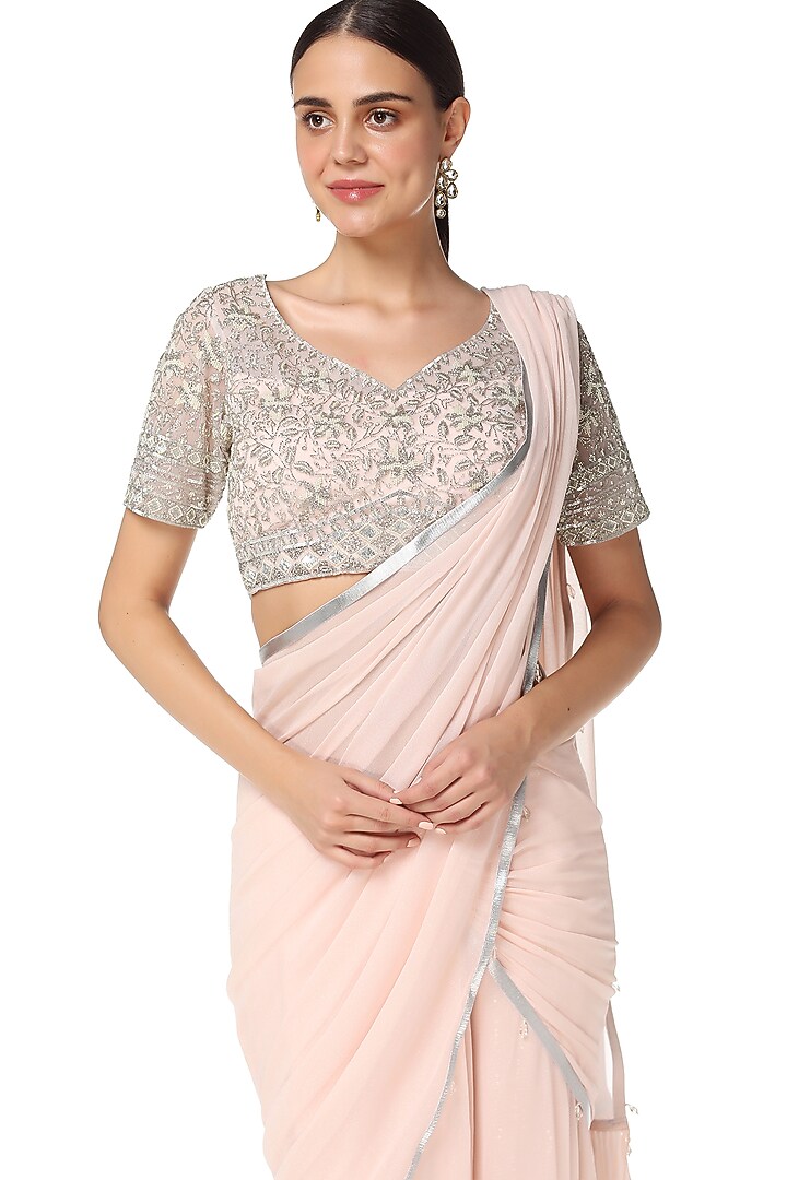 Blush Pink Embroidered Pre-Stitched Wedding Saree Set by Rabani & Rakha at Pernia's Pop Up Shop