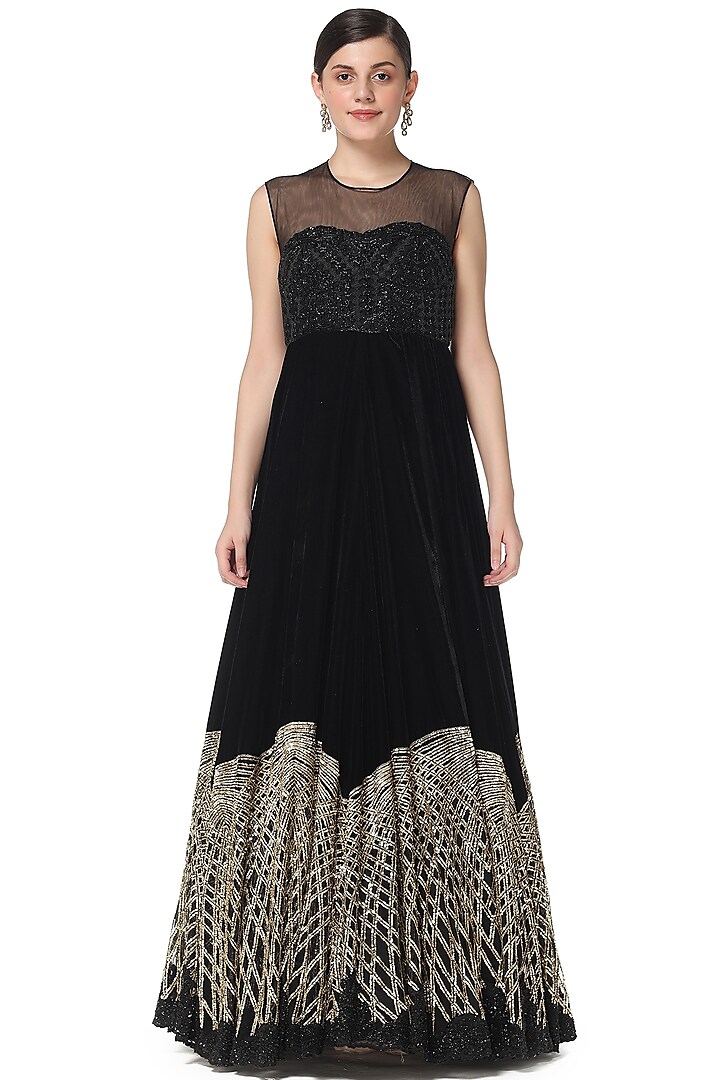Black Sequins Embroidered Gown With Top by Rabani & Rakha