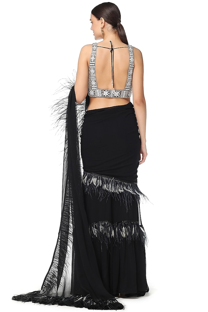 Black Hand Embroidered Wedding Lehenga Saree Set by Rabani & Rakha at Pernia's Pop Up Shop