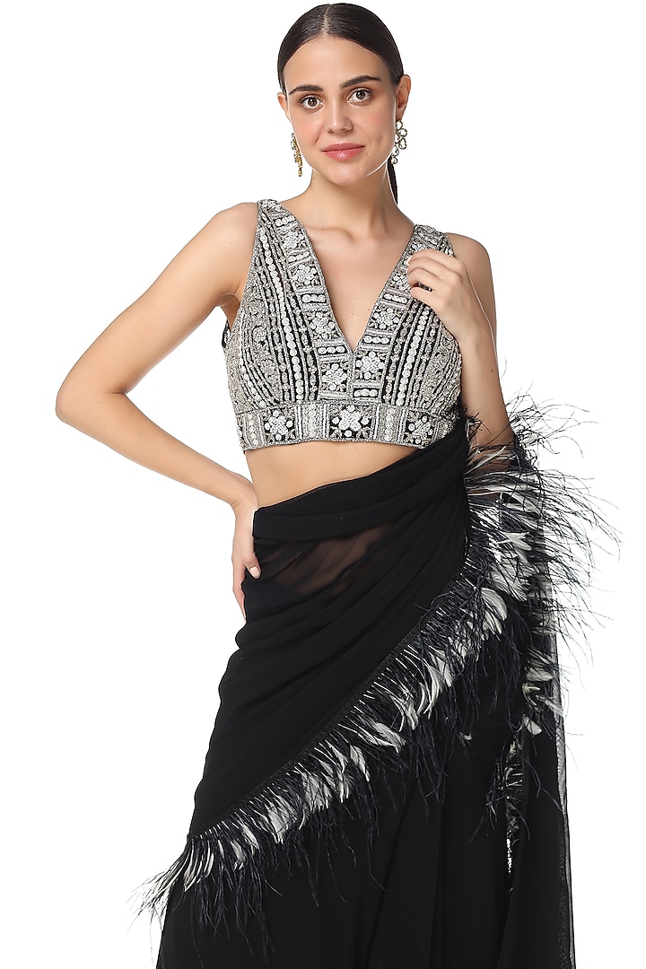 Black Hand Embroidered Wedding Lehenga Saree Set by Rabani & Rakha at Pernia's Pop Up Shop